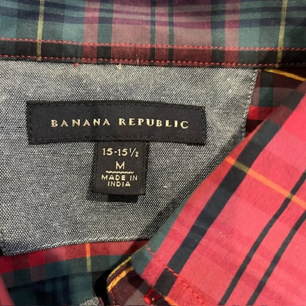 Banana Republic Men's Plaid‎ Button Down Shirt Contrast Cuff Red Green Medium